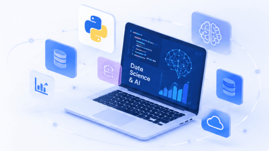 Ordinateur Data Science & AI entouré d'icônes Python, données et IA
